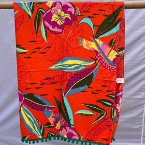 Sarong/Coverup/Canga - Bird and Flower Multi Colored w/Green Poms